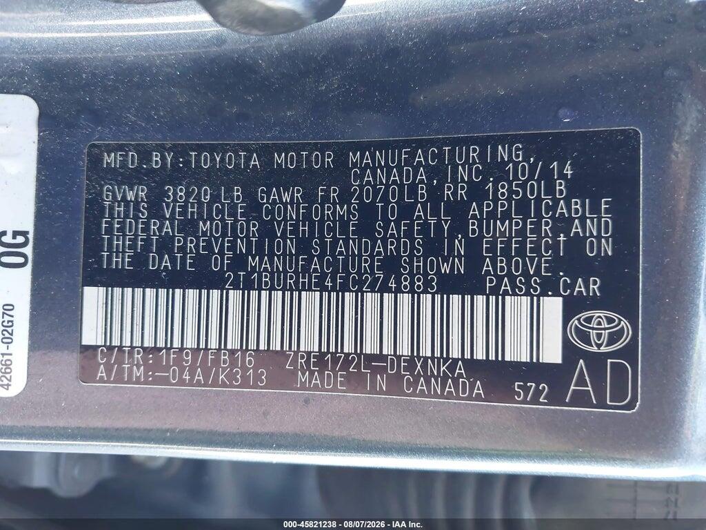 2T1BURHE4FC274883 2015 TOYOTA COROLLA photo no. 9