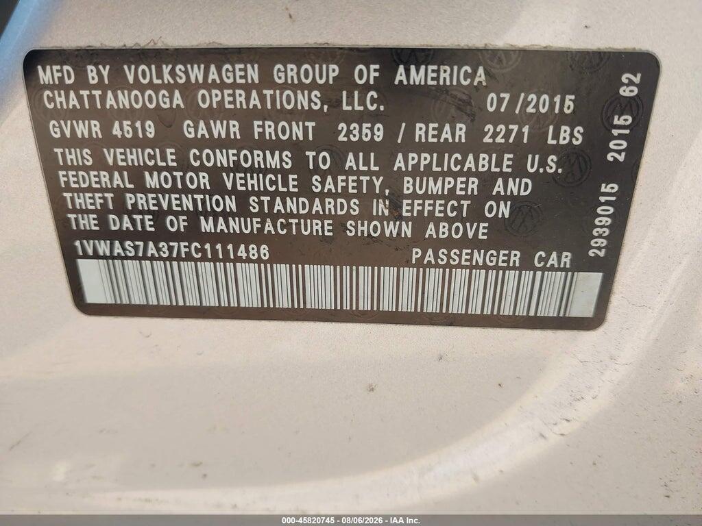 1VWAS7A37FC111486 2015 VOLKSWAGEN PASSAT photo no. 9