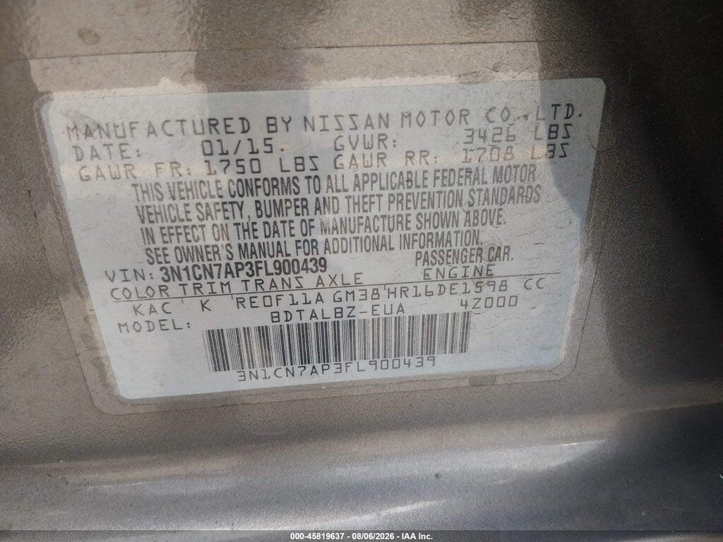 3N1CN7AP3FL900439 2015 NISSAN VERSA photo no. 9