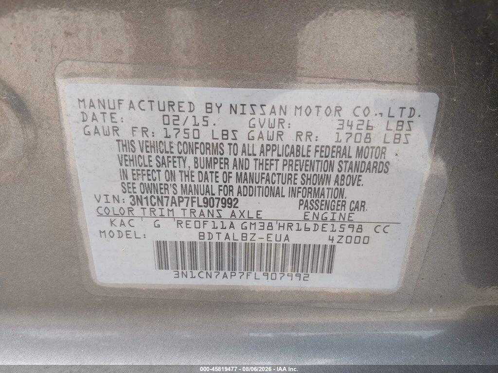 3N1CN7AP7FL907992 2015 NISSAN VERSA photo no. 9