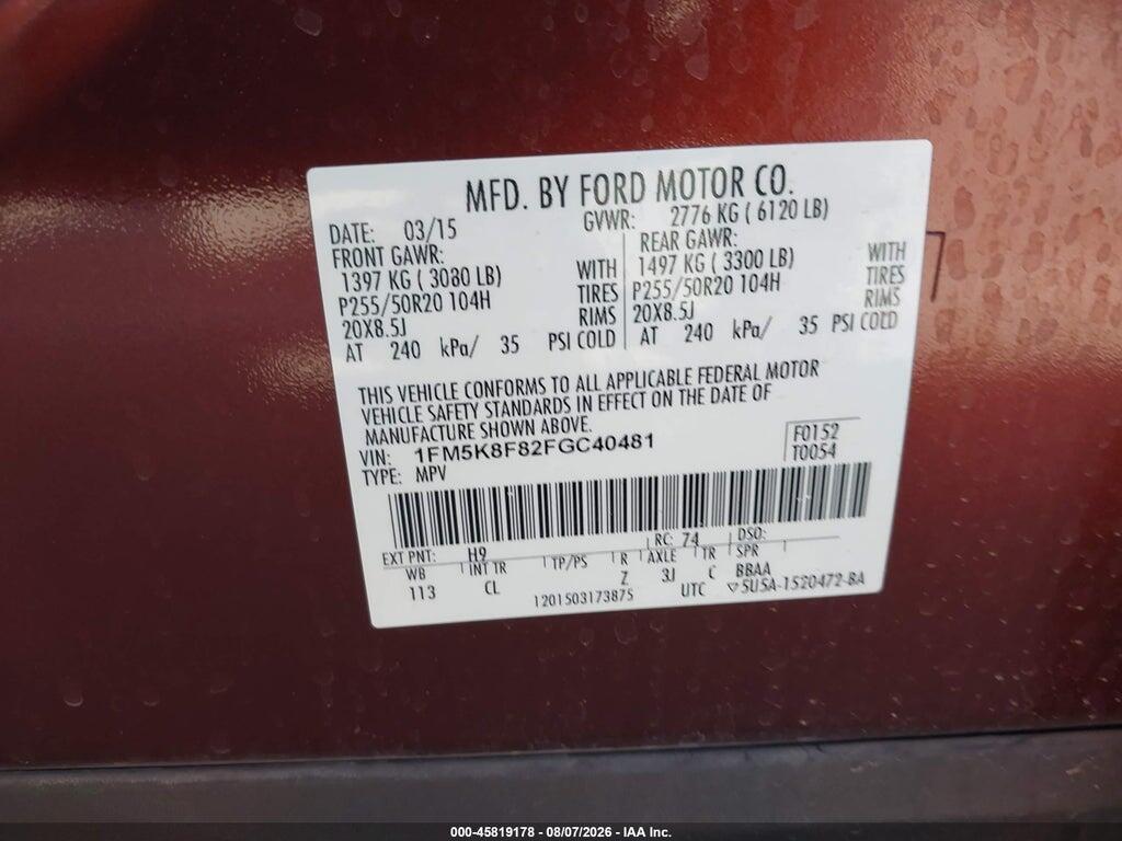 1FM5K8F82FGC40481 2015 FORD EXPLORER photo no. 9