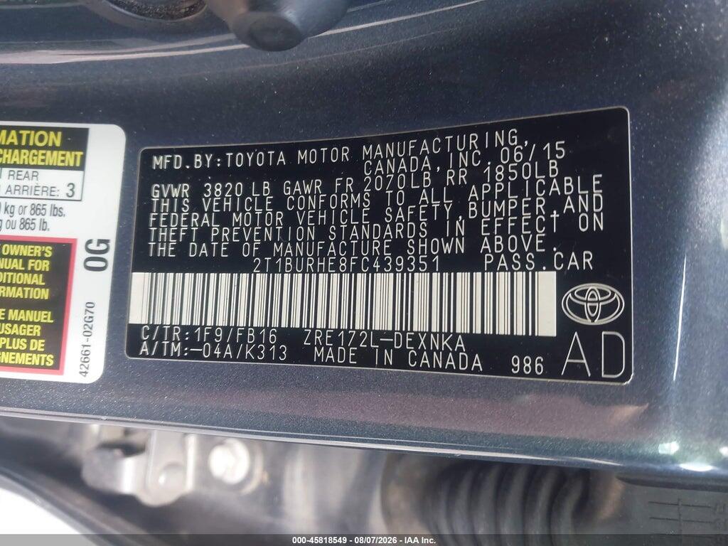 2T1BURHE8FC439351 2015 TOYOTA COROLLA photo no. 9