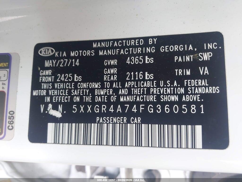 5XXGR4A74FG360581 2015 KIA OPTIMA photo no. 9