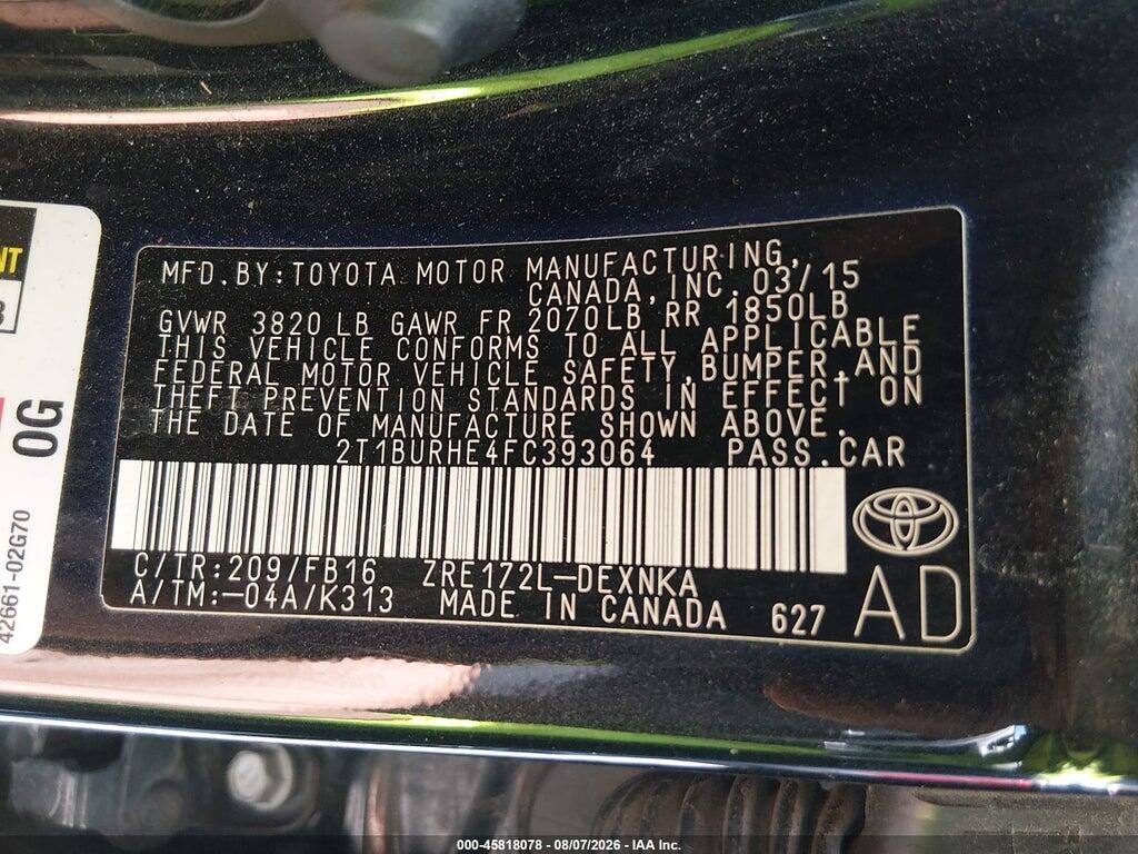 2T1BURHE4FC393064 2015 TOYOTA COROLLA photo no. 9
