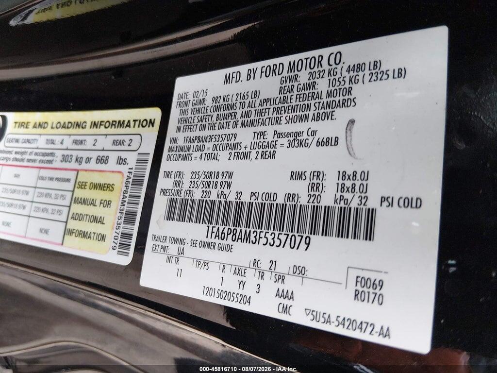 1FA6P8AM3F5357079 2015 FORD MUSTANG photo no. 9