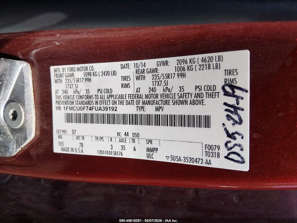 1FMCU0F74FUA39192 2015 FORD ESCAPE photo no. 9