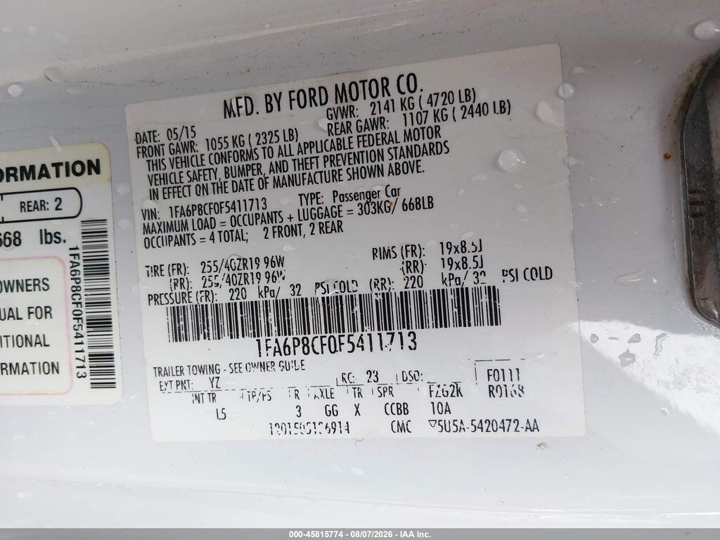 1FA6P8CF0F5411713 2015 FORD MUSTANG photo no. 9