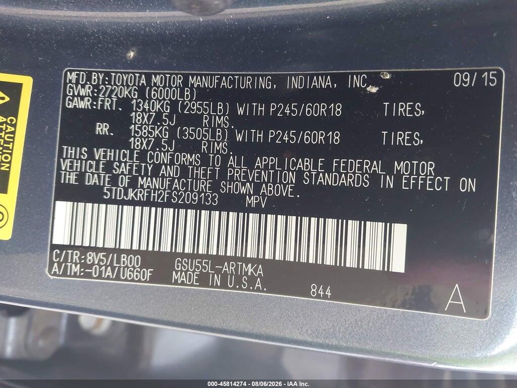 5TDJKRFH2FS209133 2015 TOYOTA HIGHLANDER photo no. 9