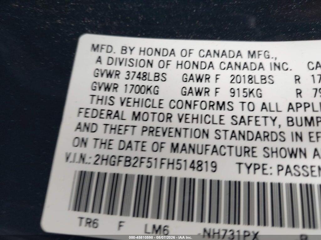 2HGFB2F51FH514819 2015 HONDA CIVIC photo no. 9