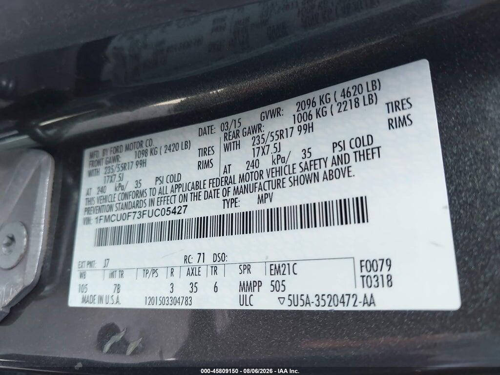 1FMCU0F73FUC05427 2015 FORD ESCAPE photo no. 9
