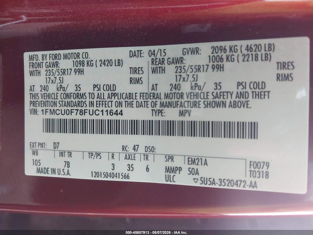 1FMCU0F78FUC11644 2015 FORD ESCAPE photo no. 9