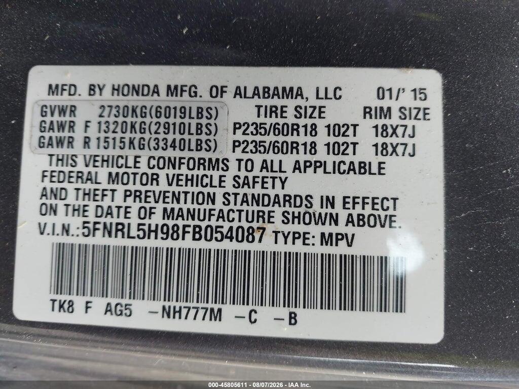 5FNRL5H98FB054087 2015 HONDA ODYSSEY photo no. 9