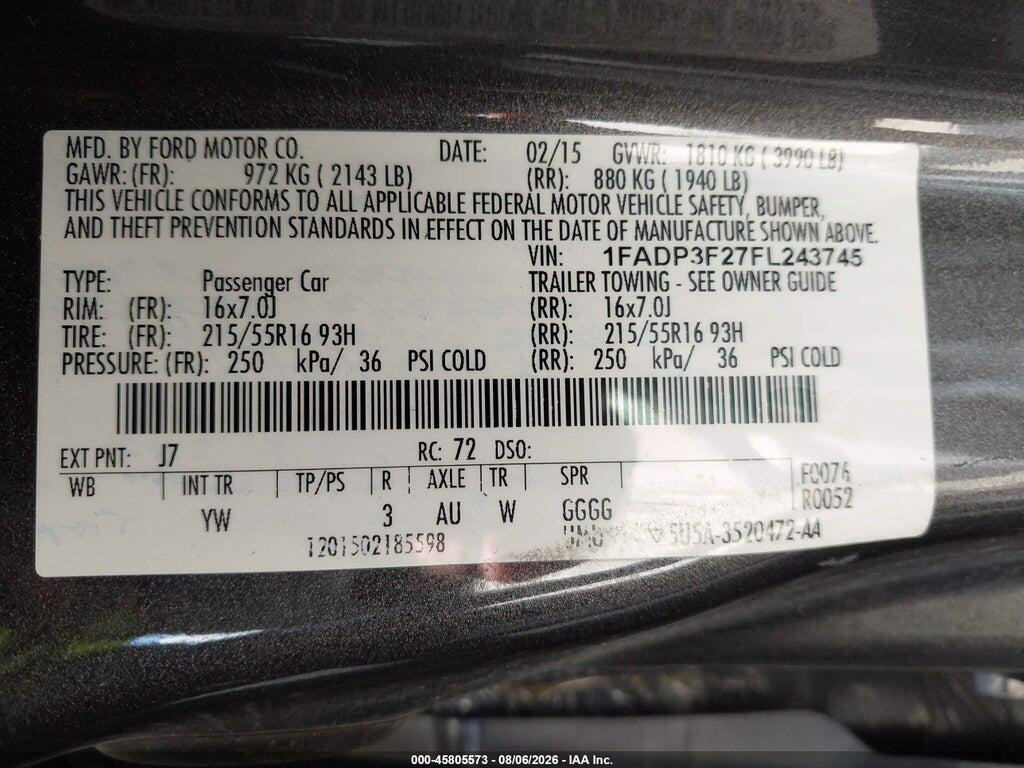 1FADP3F27FL243745 2015 FORD FOCUS photo no. 9