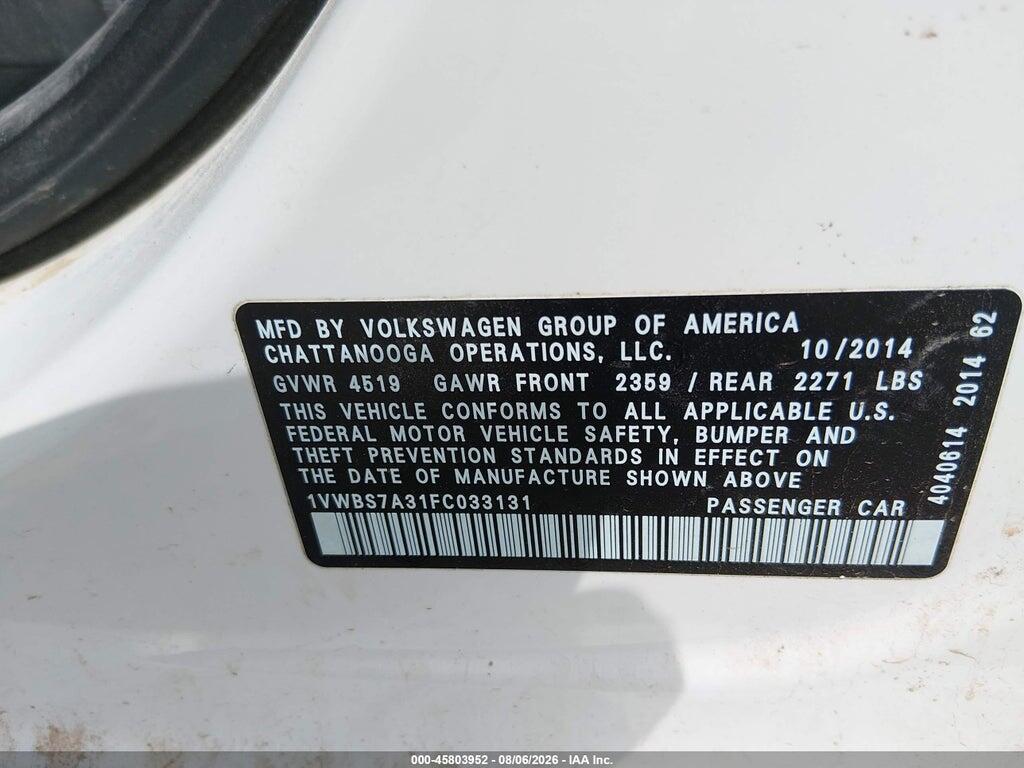 1VWBS7A31FC033131 2015 VOLKSWAGEN PASSAT photo no. 9