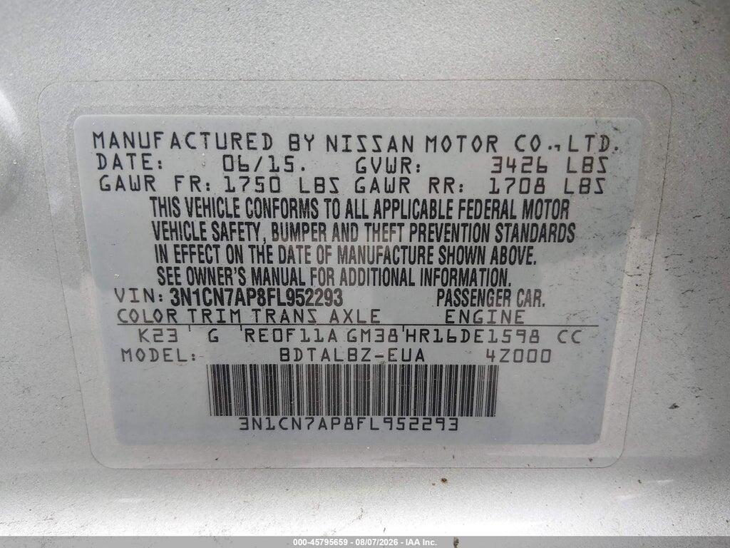 3N1CN7AP8FL952293 2015 NISSAN VERSA photo no. 9