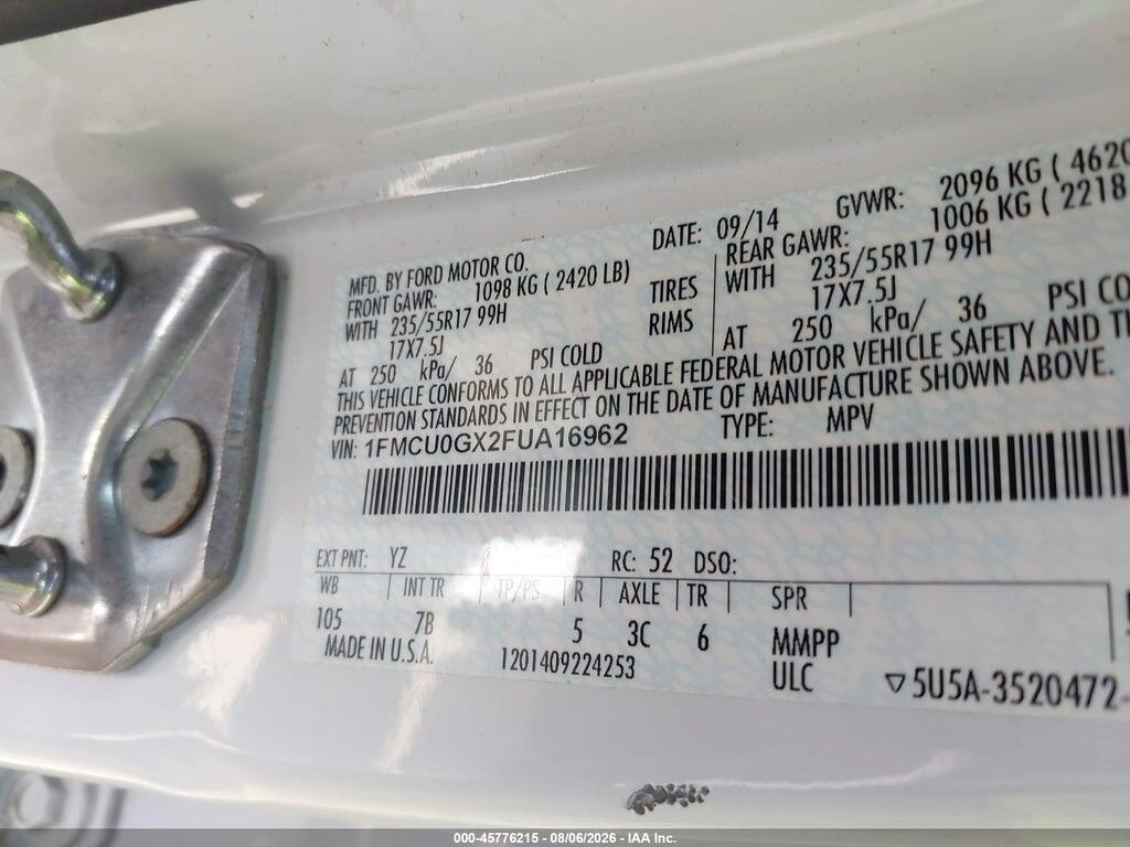 1FMCU0GX2FUA16962 2015 FORD ESCAPE photo no. 9