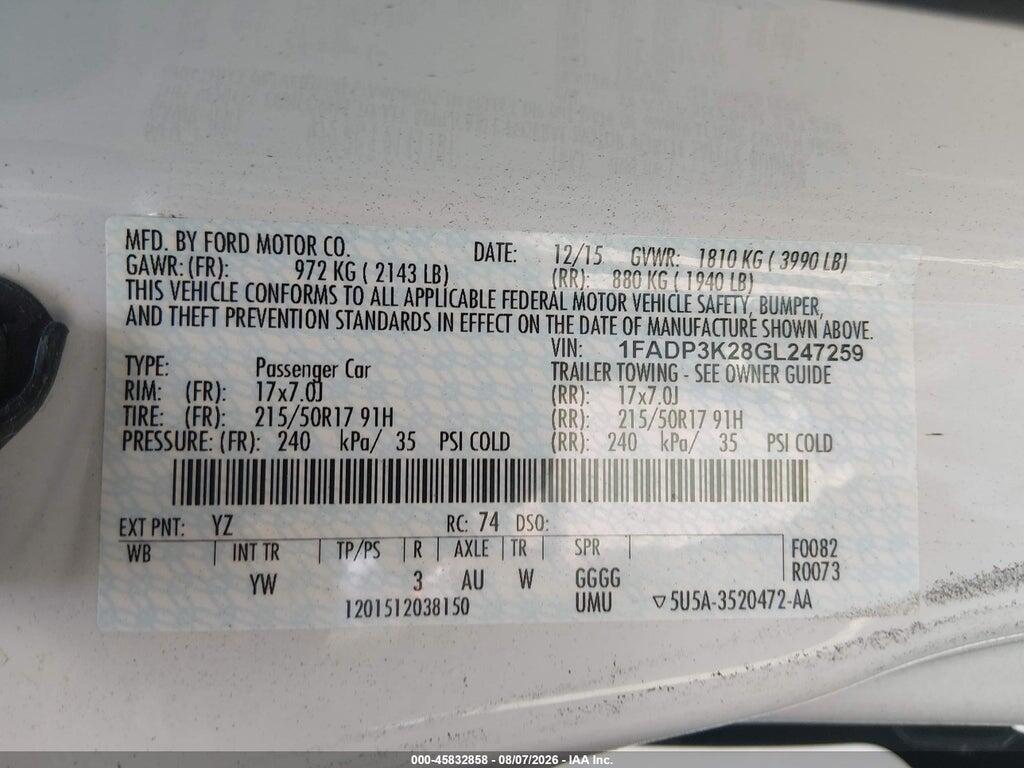 1FADP3K28GL247259 2016 FORD FOCUS photo no. 9
