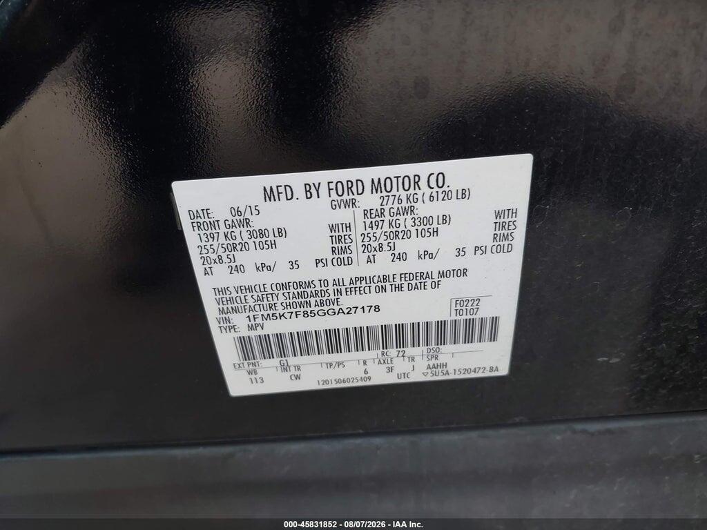 1FM5K7F85GGA27178 2016 FORD EXPLORER photo no. 9