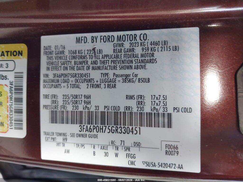 3FA6P0H75GR330451 2016 FORD FUSION photo no. 9