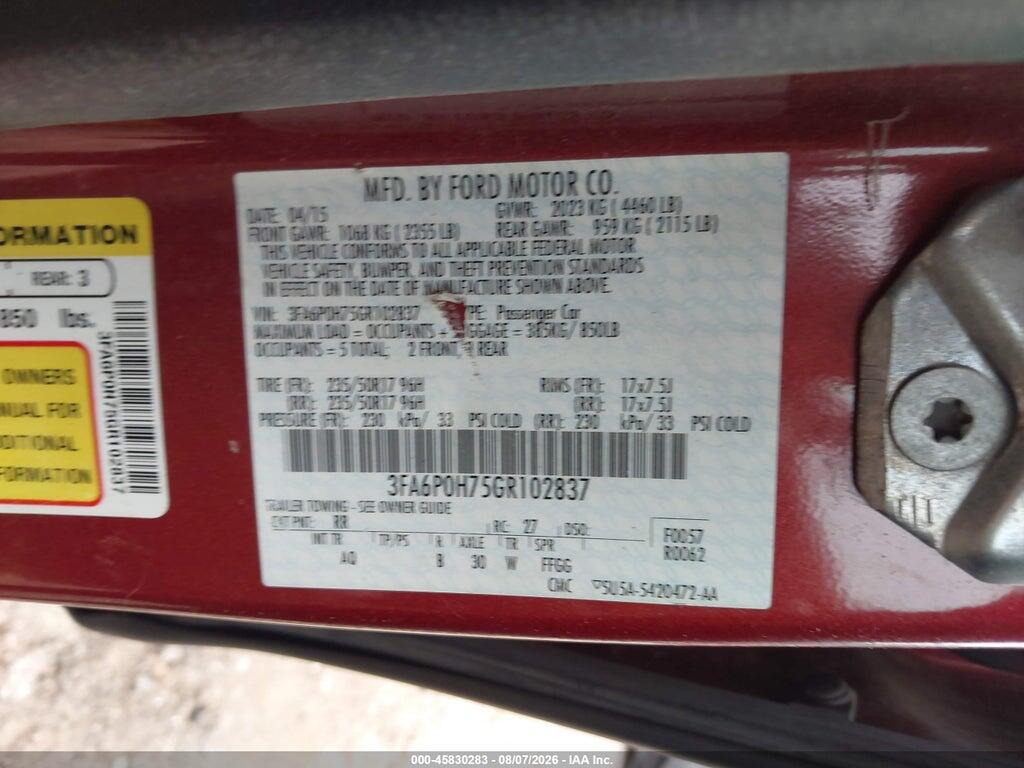 3FA6P0H75GR102837 2016 FORD FUSION photo no. 9