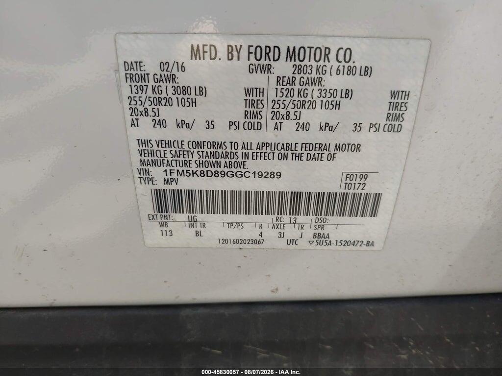 1FM5K8D89GGC19289 2016 FORD EXPLORER photo no. 9