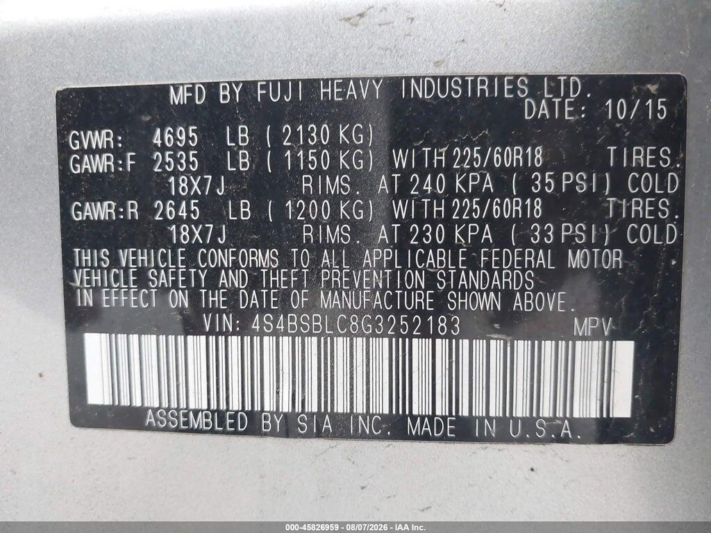 4S4BSBLC8G3252183 2016 SUBARU OUTBACK photo no. 9