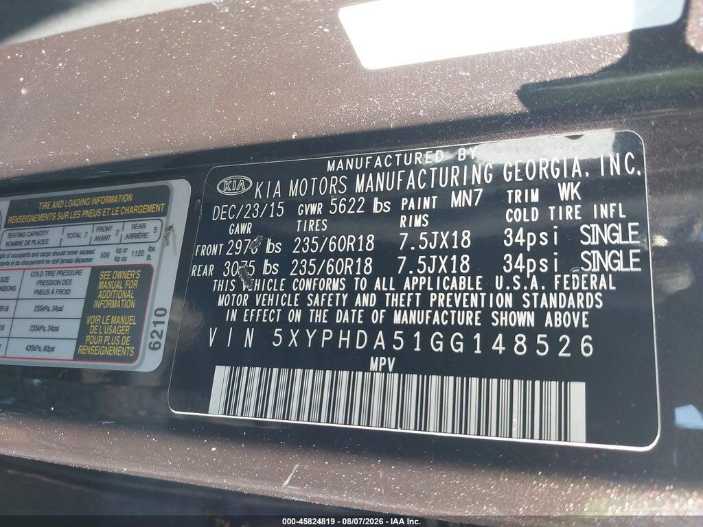 5XYPHDA51GG148526 2016 KIA SORENTO photo no. 9