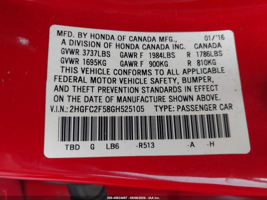 2HGFC2F58GH525105 2016 HONDA CIVIC photo no. 9