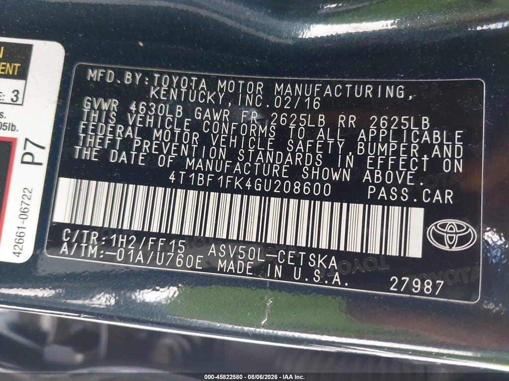 4T1BF1FK4GU208600 2016 TOYOTA CAMRY photo no. 9