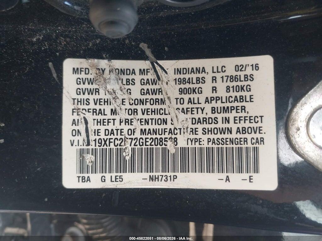 19XFC2F72GE208528 2016 HONDA CIVIC photo no. 9