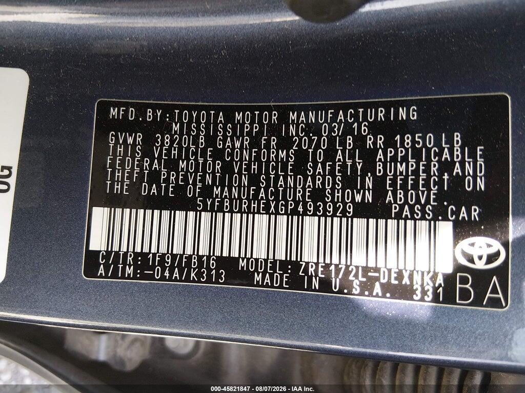 5YFBURHEXGP493929 2016 TOYOTA COROLLA photo no. 9