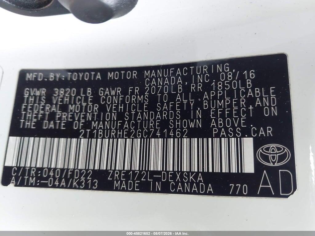 2T1BURHE2GC741462 2016 TOYOTA COROLLA photo no. 9
