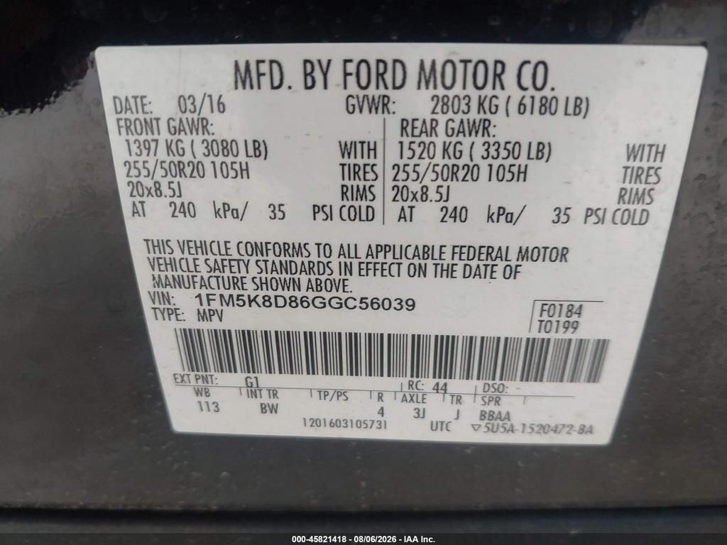 1FM5K8D86GGC56039 2016 FORD EXPLORER photo no. 9