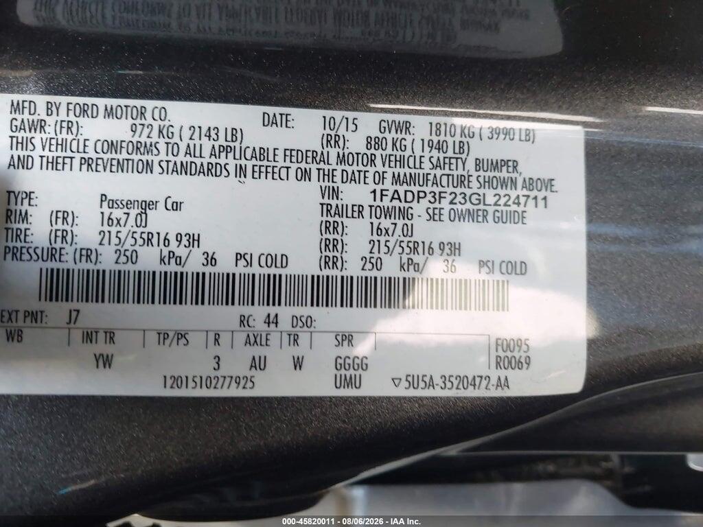 1FADP3F23GL224711 2016 FORD FOCUS photo no. 9