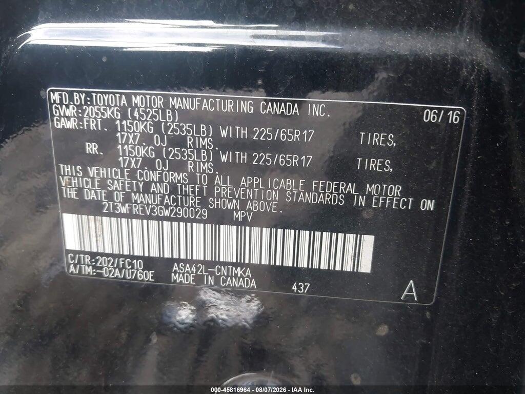 2T3WFREV3GW290029 2016 TOYOTA RAV4 photo no. 9