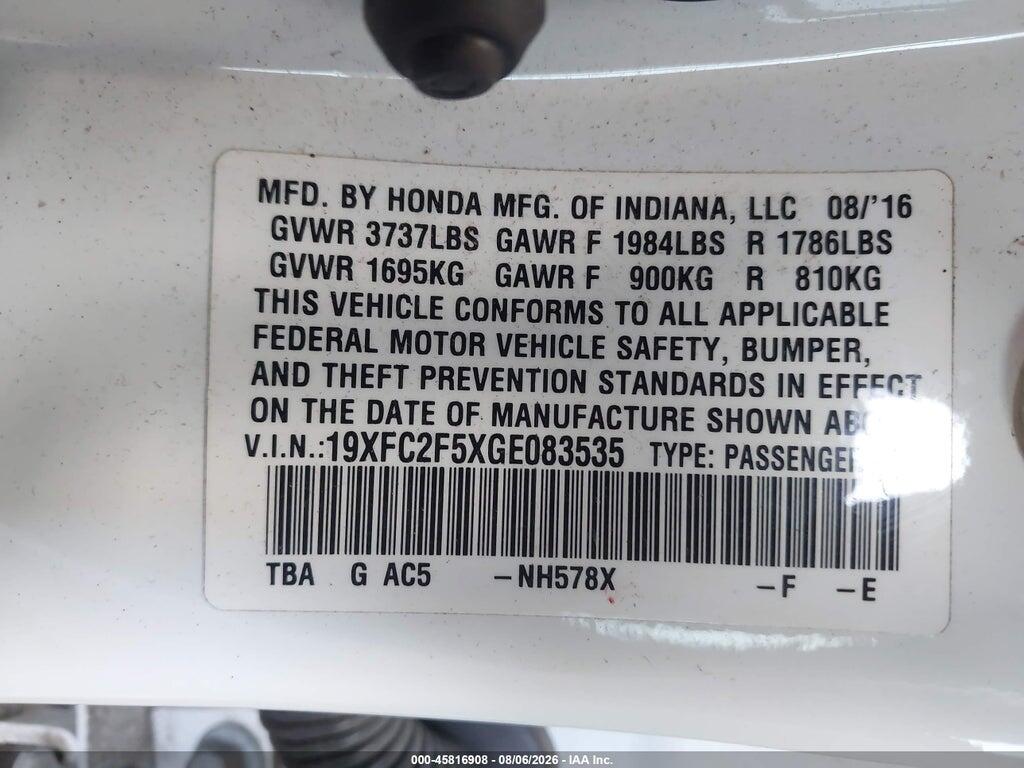 19XFC2F5XGE083535 2016 HONDA CIVIC photo no. 9