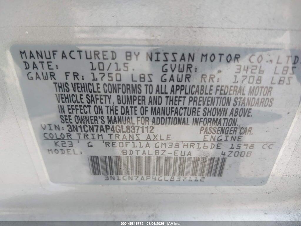 3N1CN7AP4GL837112 2016 NISSAN VERSA photo no. 9