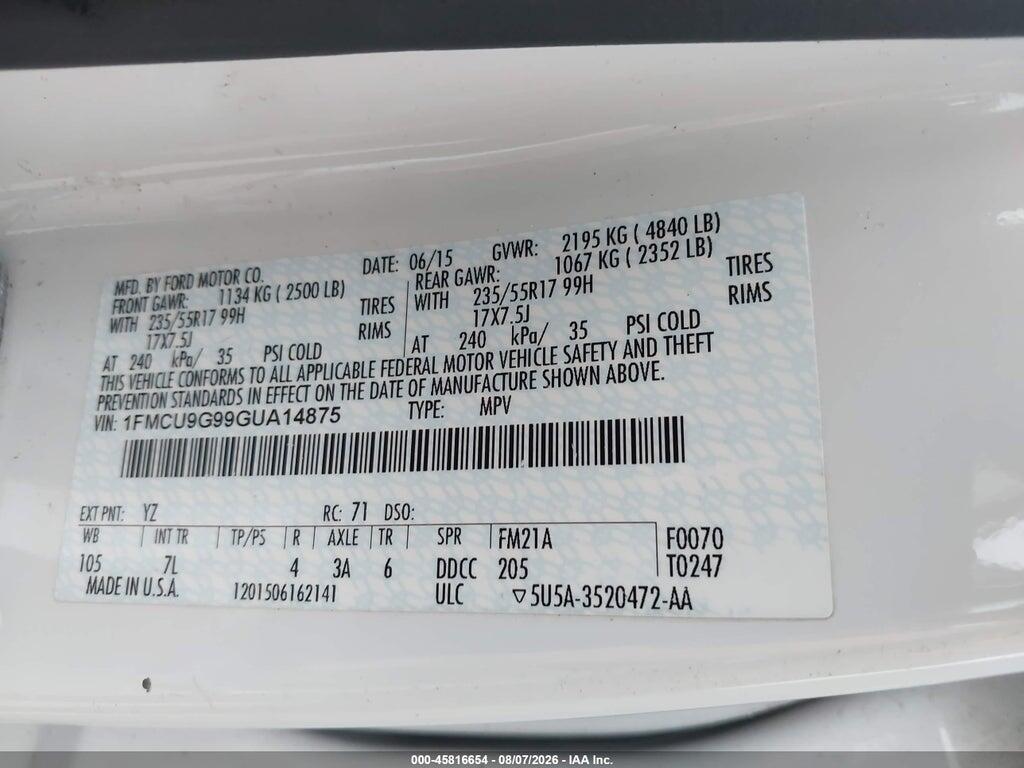1FMCU9G99GUA14875 2016 FORD ESCAPE photo no. 9