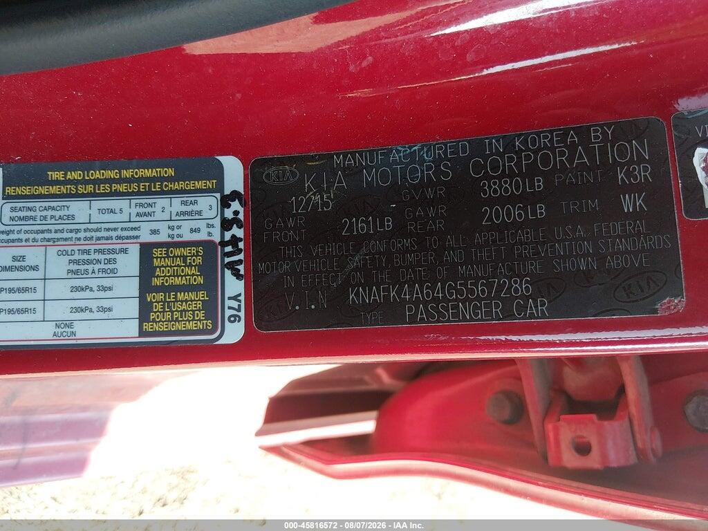 KNAFK4A64G5567286 2016 KIA FORTE photo no. 9