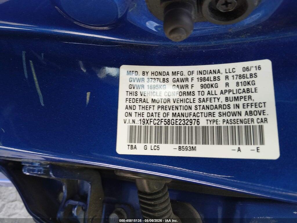19XFC2F58GE232976 2016 HONDA CIVIC photo no. 9