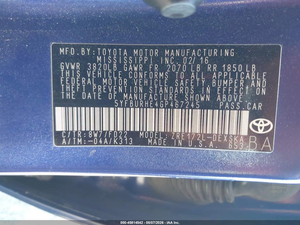 5YFBURHE4GP467245 2016 TOYOTA COROLLA photo no. 9