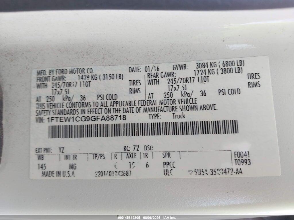 1FTEW1CG9GFA88718 2016 FORD F-150 photo no. 9