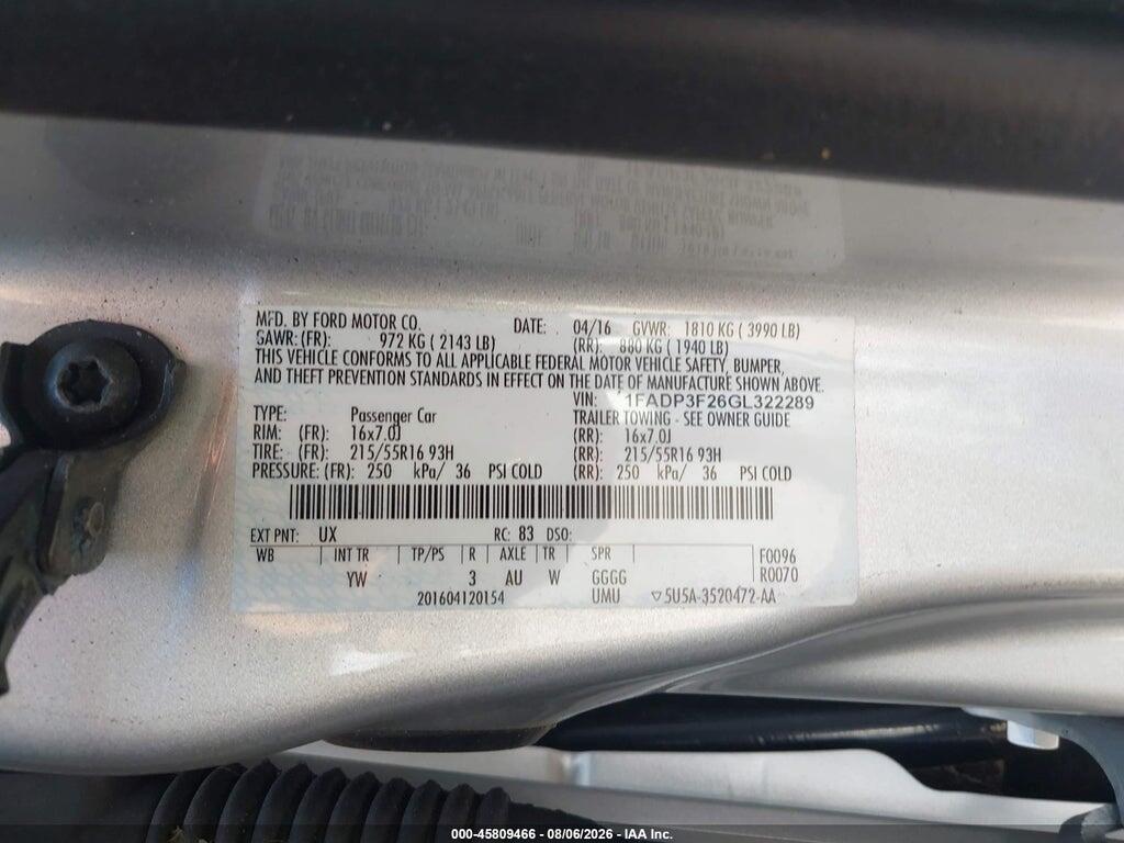 1FADP3F26GL322289 2016 FORD FOCUS photo no. 9