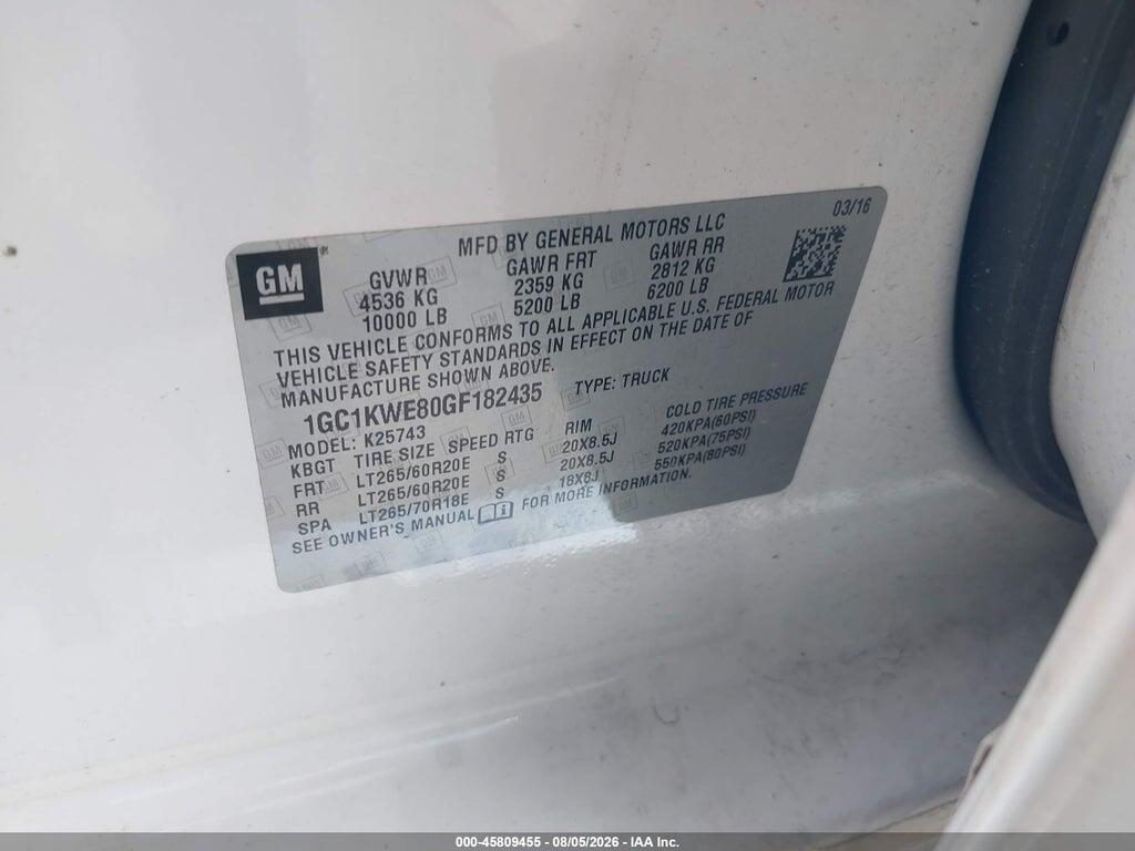 1GC1KWE80GF182435 2016 CHEVROLET SILVERADO 2500HD photo no. 9