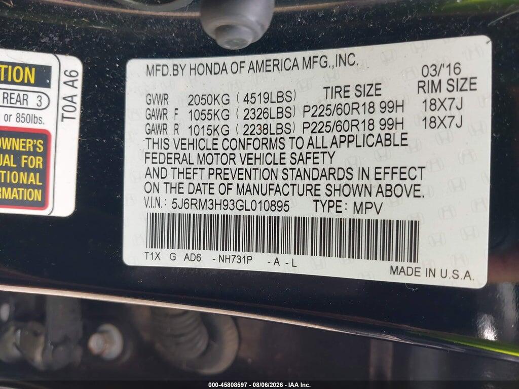 5J6RM3H93GL010895 2016 HONDA CR-V photo no. 9