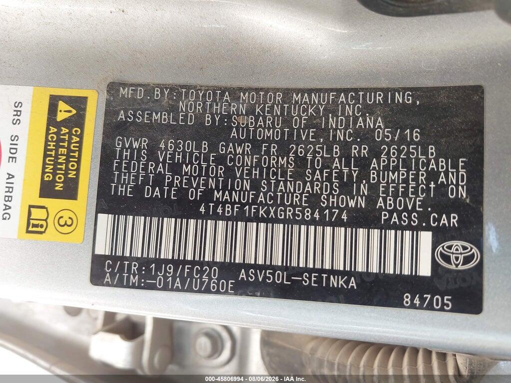 4T4BF1FKXGR584174 2016 TOYOTA CAMRY photo no. 9