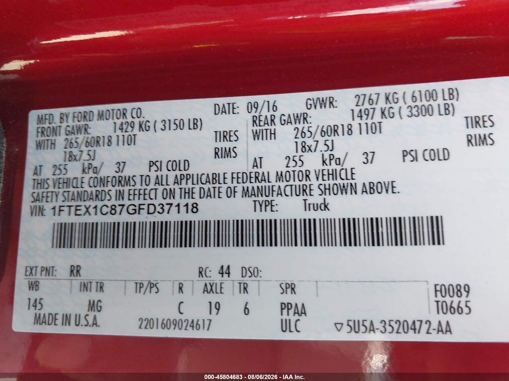 1FTEX1C87GFD37118 2016 FORD F-150 photo no. 9