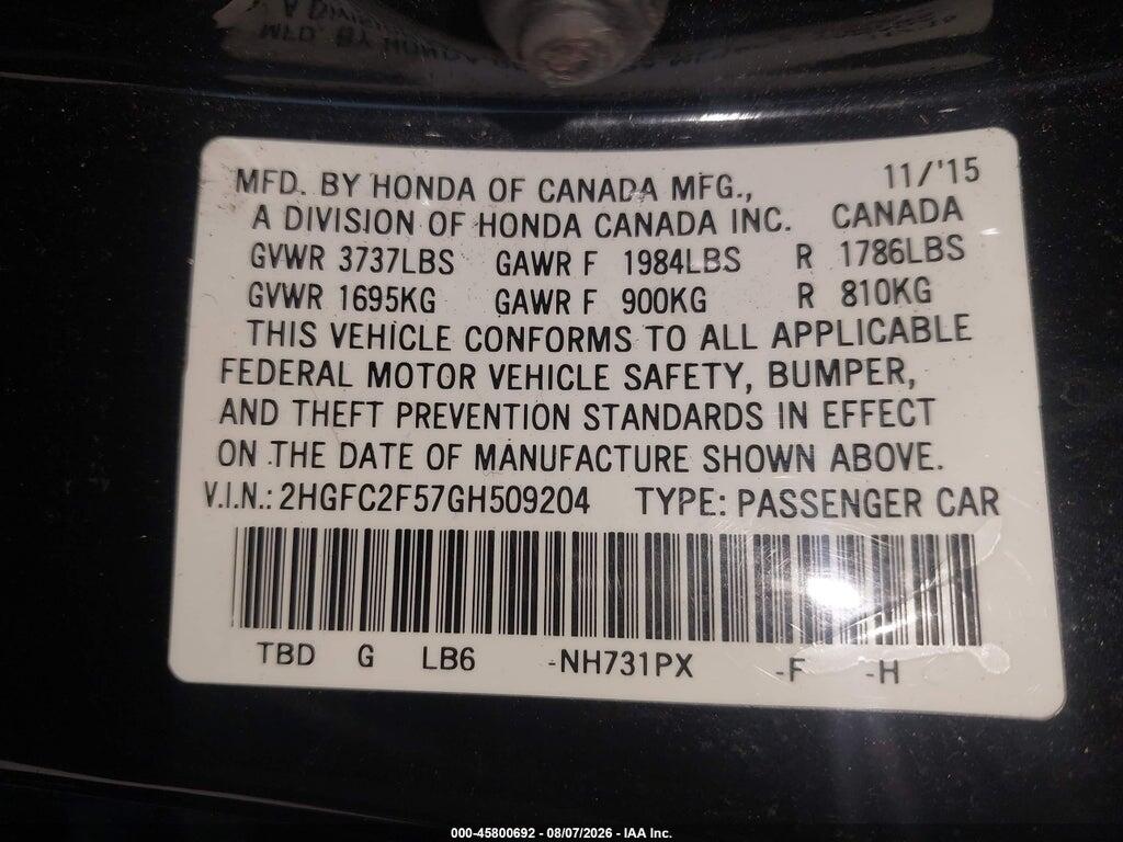 2HGFC2F57GH509204 2016 HONDA CIVIC photo no. 9