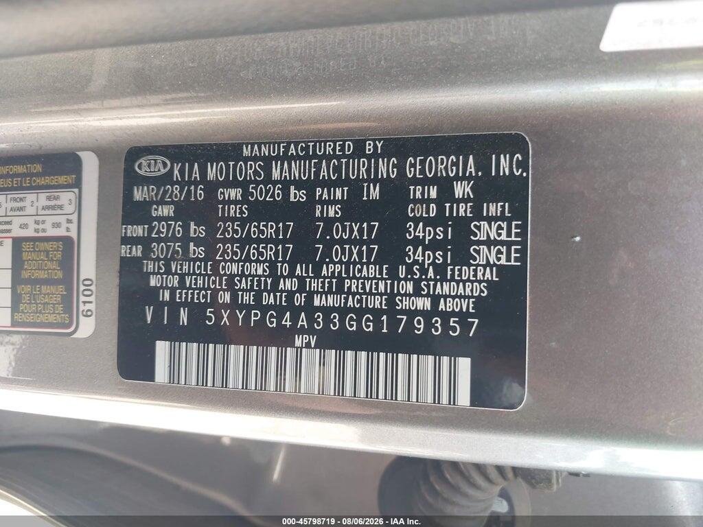 5XYPG4A33GG179357 2016 KIA SORENTO photo no. 9