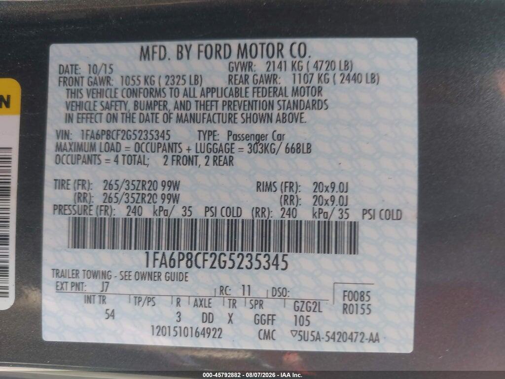 1FA6P8CF2G5235345 2016 FORD MUSTANG photo no. 9